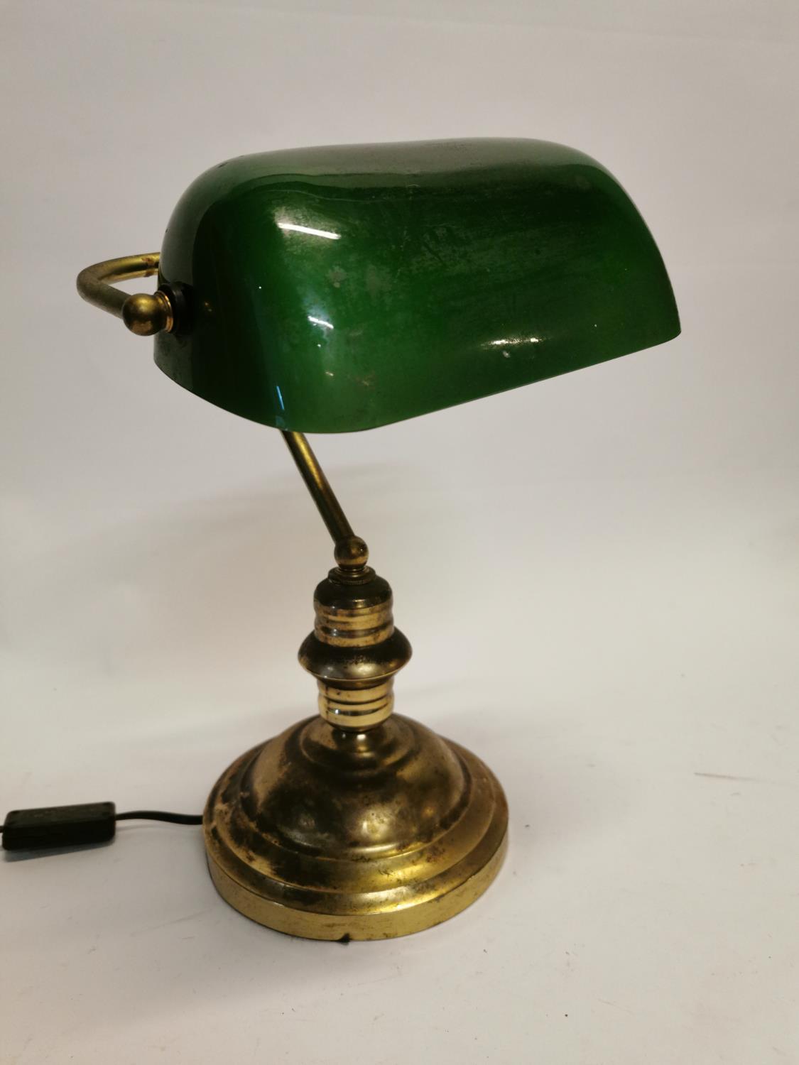 Brass desk lamp with green glass shade {37 cm H x 26 cm W x 22 cm D}.