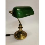 Brass desk lamp with green glass shade {37 cm H x 26 cm W x 22 cm D}.