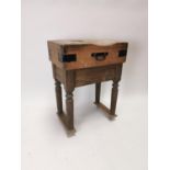 Early 20th. C. pine butcher's block on turned legs. {81 cm H x 61 cm W x41 cm D}.