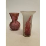 Two end of day glass flower vases {14 cm H and 13 cm H}.