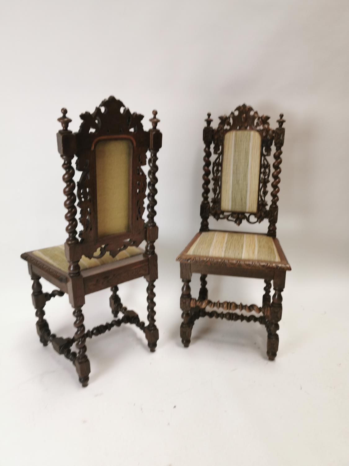 19th. C. upholstered carved oak hall chairs decorated with vines. {108 cm H x 48 cm W x 43 cm D}. - Image 3 of 3