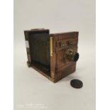Early 20th. C. mahogany and brass camera. (19 cm H x 30 cm L x 14 cm D).