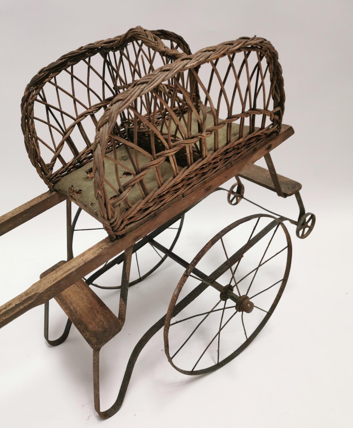 Rare 19th C. pine and wicker child's hand cart . - Image 2 of 2