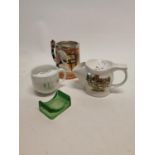 Two ceramic shaving mugs, ceramic jug and glass razor blade tray.