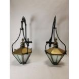 Pair of brass lanterns with original swan neck brackets. {154 cm H x 65 cm W x 94 cm D}.