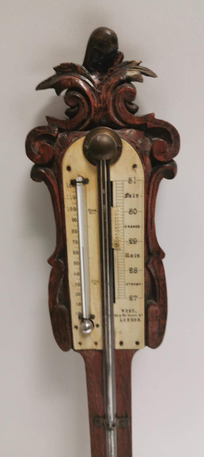 19th. C. carved oak stick barometer. - Image 2 of 4