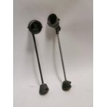 Two 1950s alloy spot lights {90 cm H x 26 cm W x 17 cm D}.