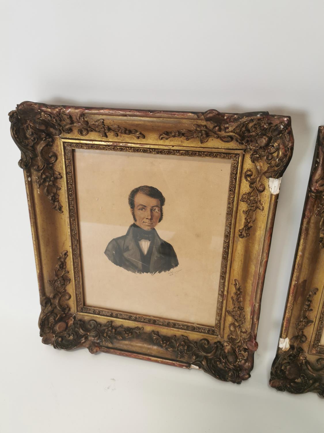 Pair of 19th C. watercolours in decorative giltwood frames of Husband and Wife. - Image 3 of 3