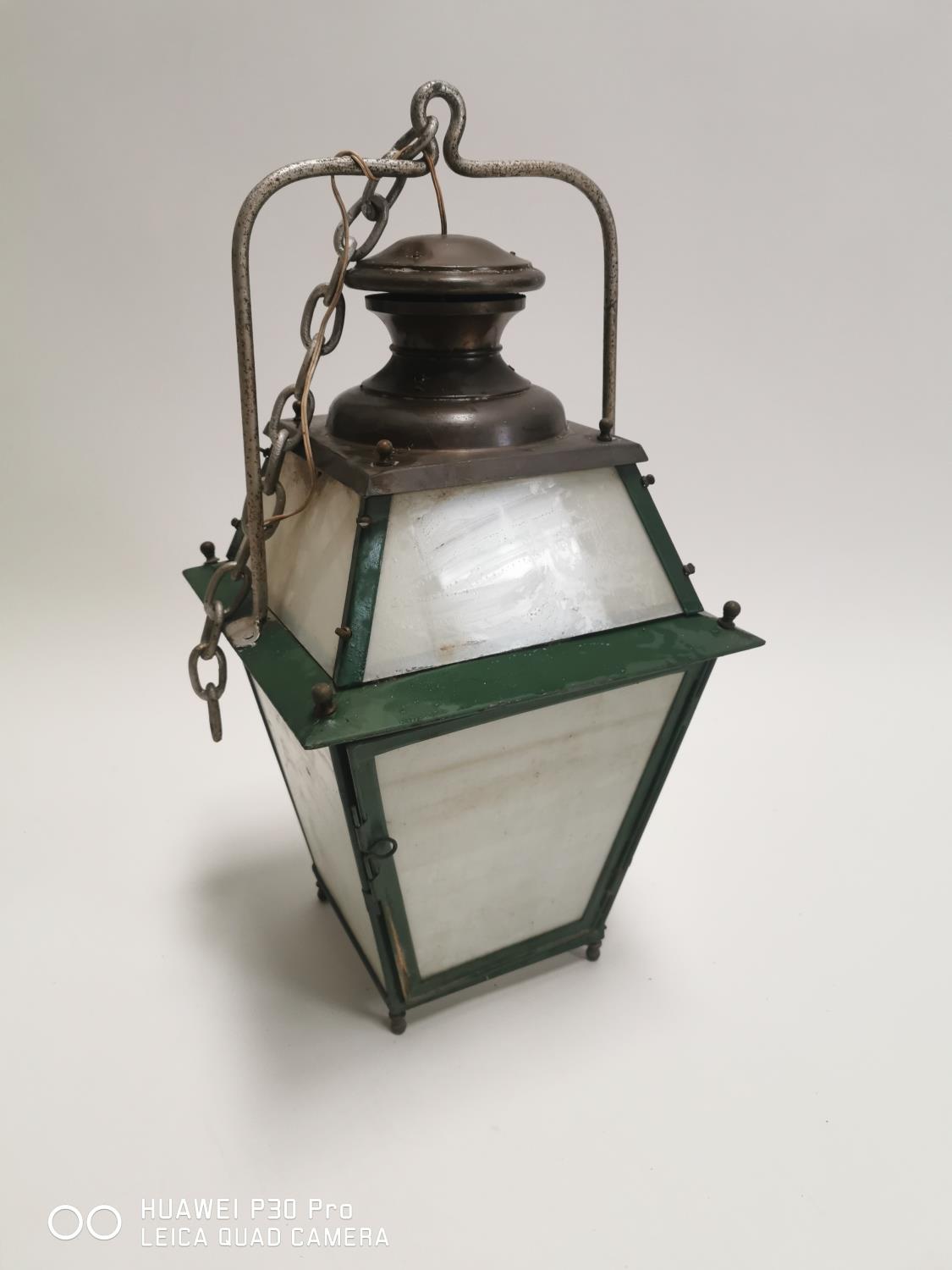 Early 20th C. metal and brass hanging lantern with opaline glass panels {71 cm Drop x 35 cm Sq.}.