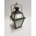 Early 20th C. metal and brass hanging lantern with opaline glass panels {71 cm Drop x 35 cm Sq.}.