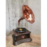 Vintage gramaphone wth copper horn. {76 cm H x 51 cm L x 51 cm W}