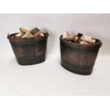 Pair of 19th C. oak metal bound log buckets {49 cm H x 62 cm W x 43 cm D}.