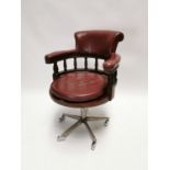 Good quality mahogany and leather swivel desk chair with chrome base {92 cm H x 66 cm W x 71 cm D}.