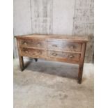 Early 20th. C. pitch pine work table with four drawers with original handles. {88 cm H x 153 cm L