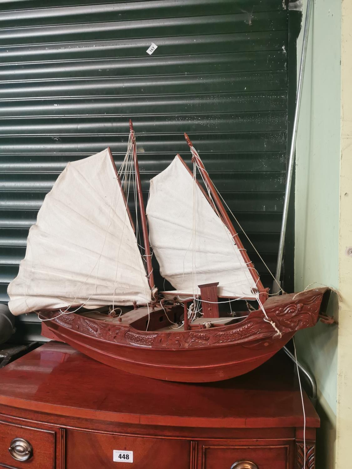 Carved mahogany Chinese model of a Gallion ship {85 cm H x 103 cm W x 36 cm D}.