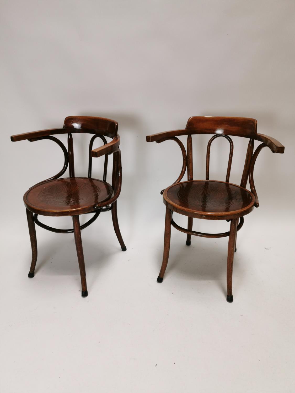 Pair of early 20th C. bent wood arm chairs {83 cm H x 63 cm W x 50 cm D}.