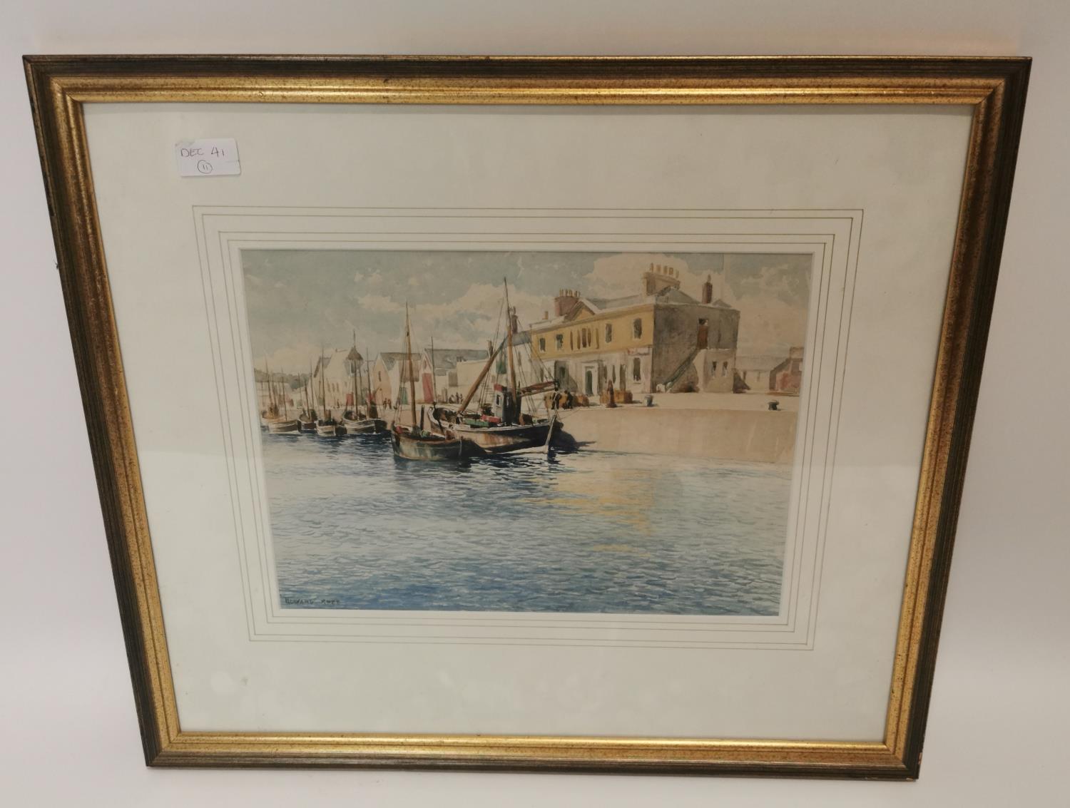 Framed watercolour of Harbour scene.