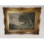 19th C. oil on canvas Garden Scene in decorative giltwood frame {80 cm H x 102 cm W}.