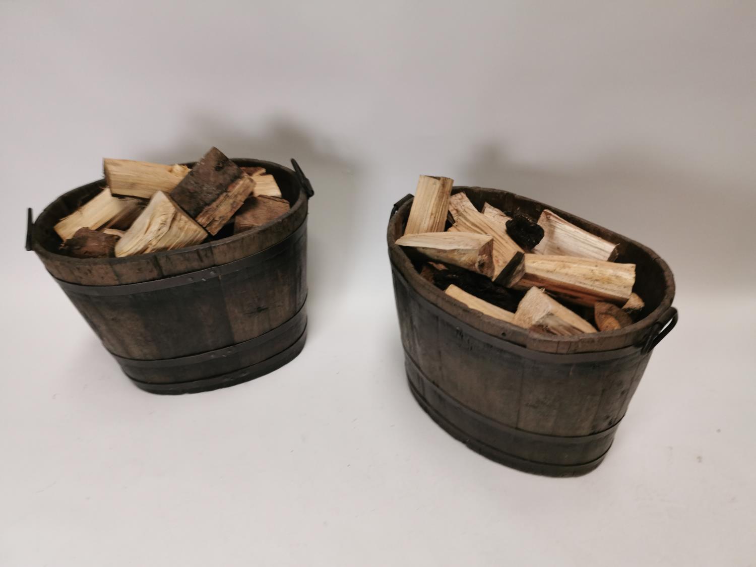 Pair of 19th C. oak metal bound log buckets {49 cm H x 62 cm W x 43 cm D}. - Image 4 of 4