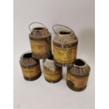 Set of five early 20th C. paint cans {21 cm H x 17 cm Dia}.