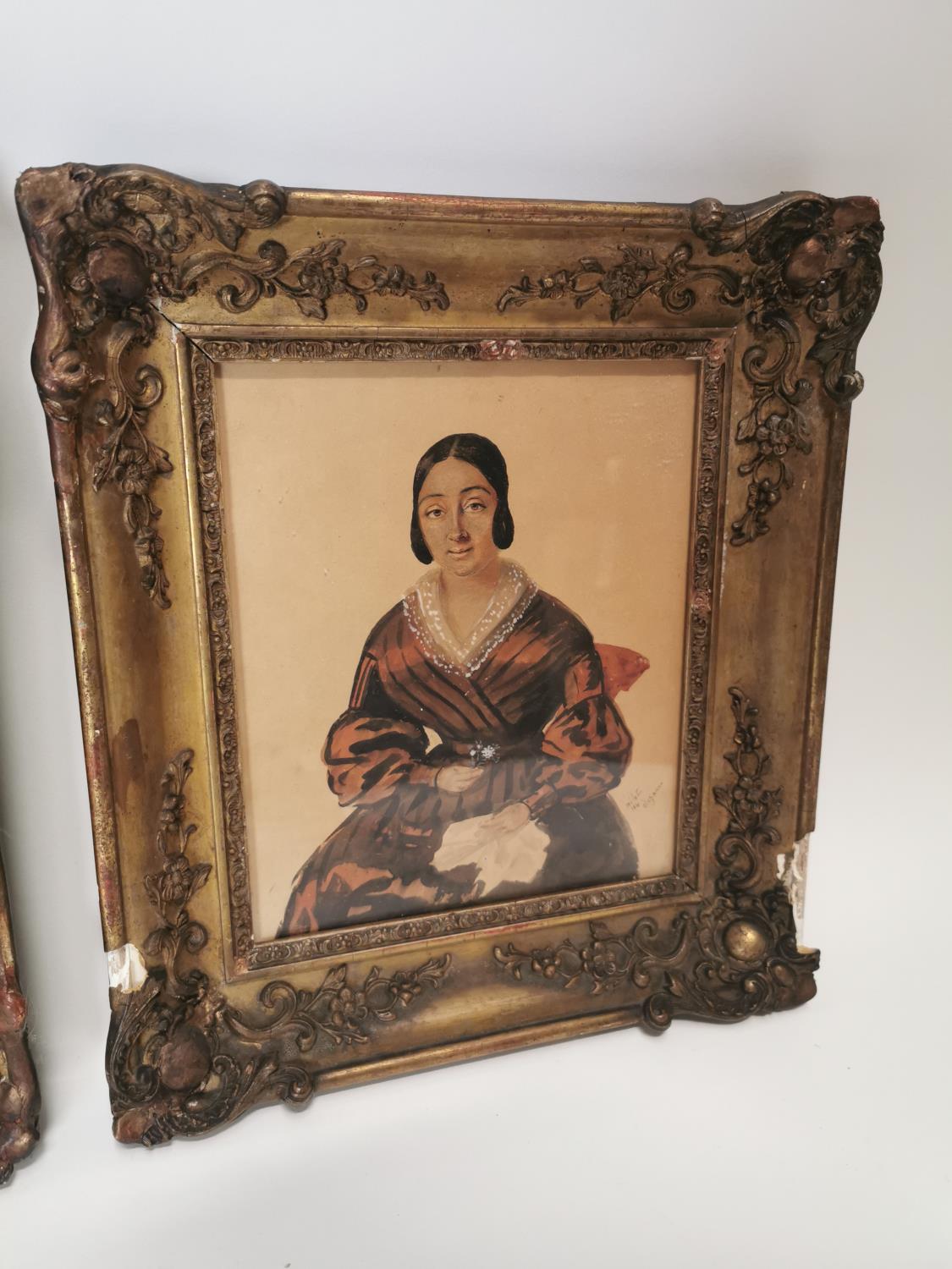 Pair of 19th C. watercolours in decorative giltwood frames of Husband and Wife. - Image 2 of 3