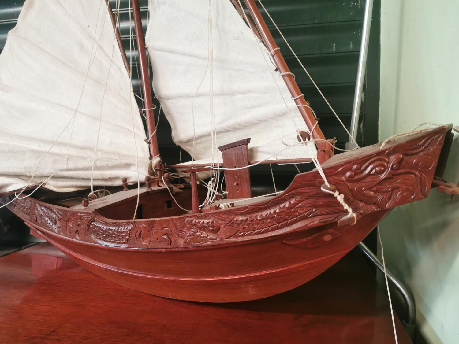 Carved mahogany Chinese model of a Gallion ship {85 cm H x 103 cm W x 36 cm D}. - Image 2 of 3