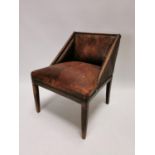 Art Deco leather and mahogany arm chair on square tapered legs {78 cm H x 64 cm W x 69 cm D}.