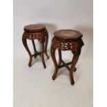 Pair of carved wooden oriental jardeniere stands with inset marble tops {60 cm H x 40 cm Dia}.