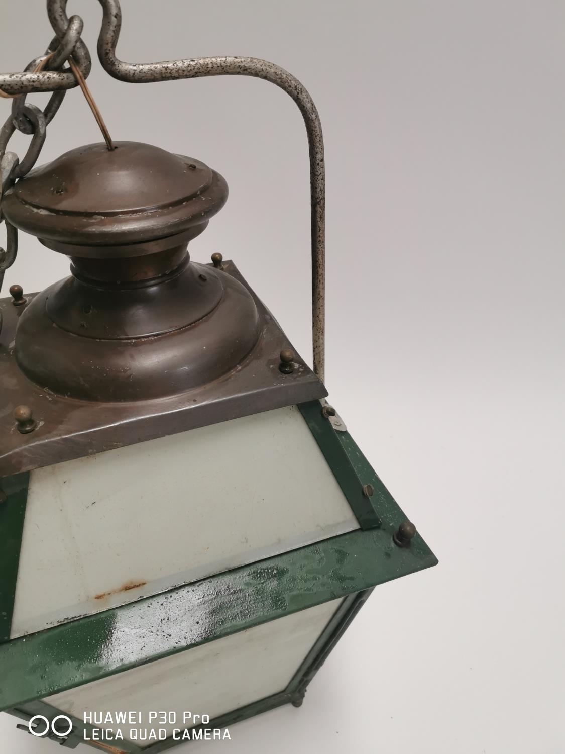 Early 20th C. metal and brass hanging lantern with opaline glass panels {71 cm Drop x 35 cm Sq.}. - Image 2 of 2