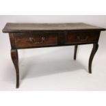 Early 19th C. oak side table with two drawers on cabriole legs {76 cm H x 129 cm W x 62 cm D}.