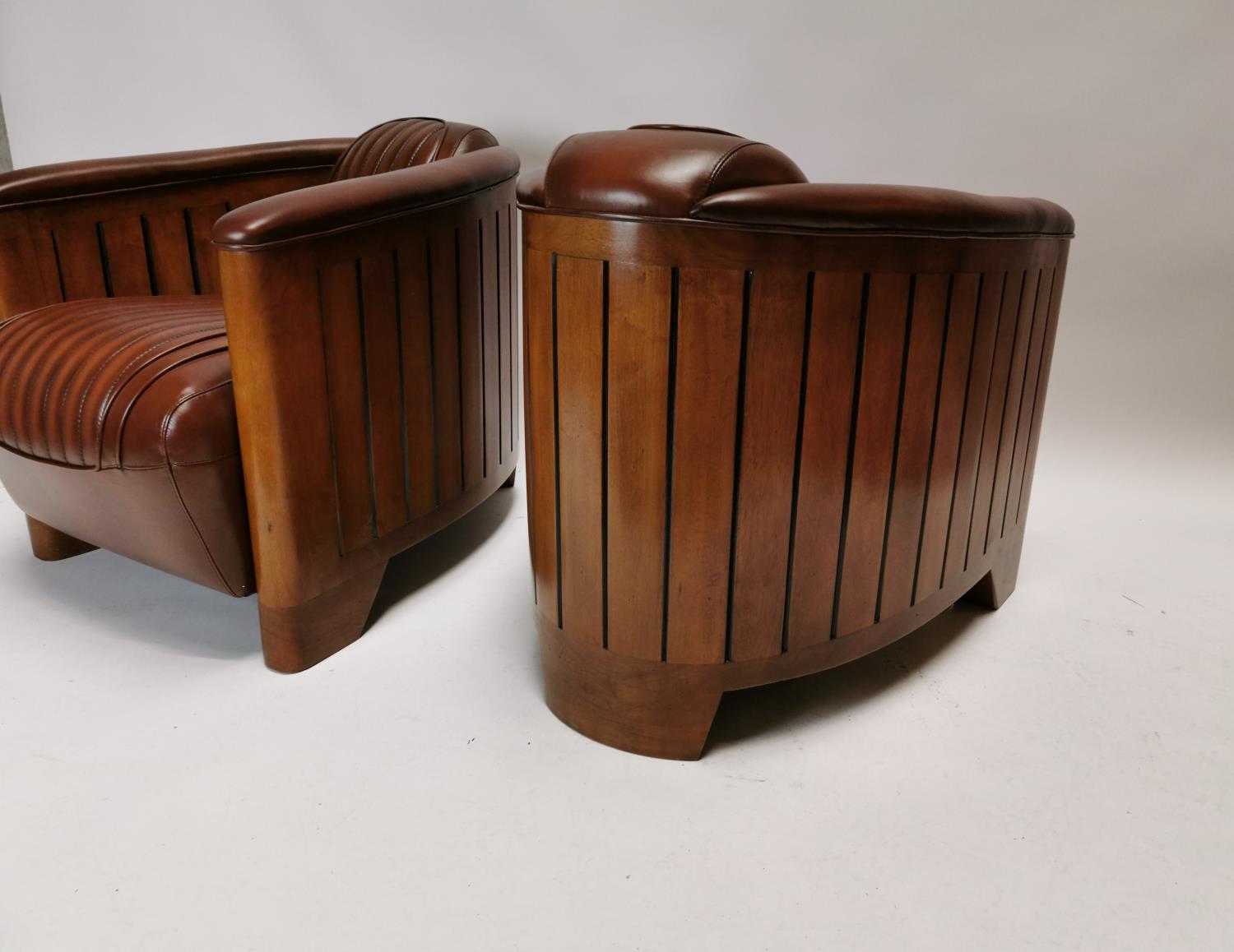 Pair of exceptional quality Art Deco style leather upholstered and wood Aviator club chairs {72 cm H - Image 4 of 4