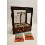 Early 20th. C. mahogany and brass London chemist's scales. {53 cm H x 42 cm W x 30 cm D}.