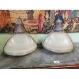 Pair of 1940's holophane hanging light shades with original copper brackets. (39 cm H x 36 cm W)