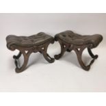Pair of good quality mahogany and leather foot stools in the lyre form {40 cm H x 63 cm W x 43 cm D}