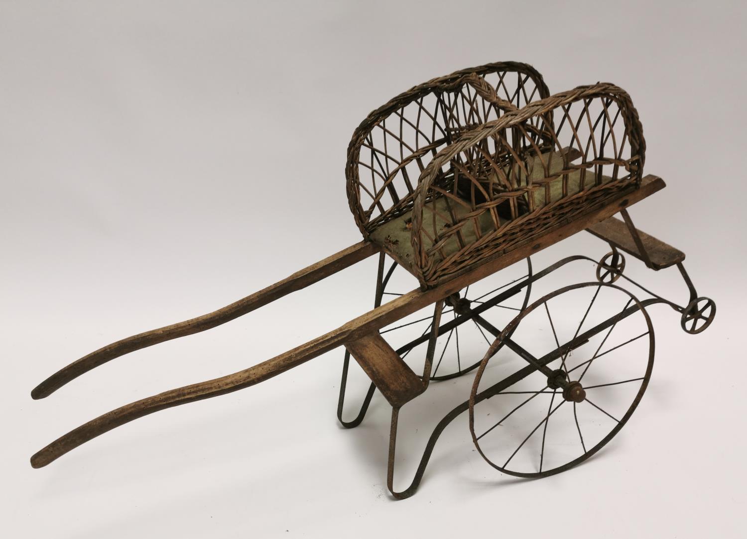 Rare 19th C. pine and wicker child's hand cart .