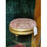 19th. C. gilt and upholstered foot stool {10 cm h 27 cm w}.