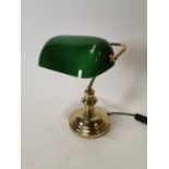 Good quality brass desk lamp with green glass shade {38 cm H x 26 cm W x 24 cm D}.