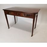 Early 19th C. inlaid mahogany side table with original brass handles on square tapered legs and bras