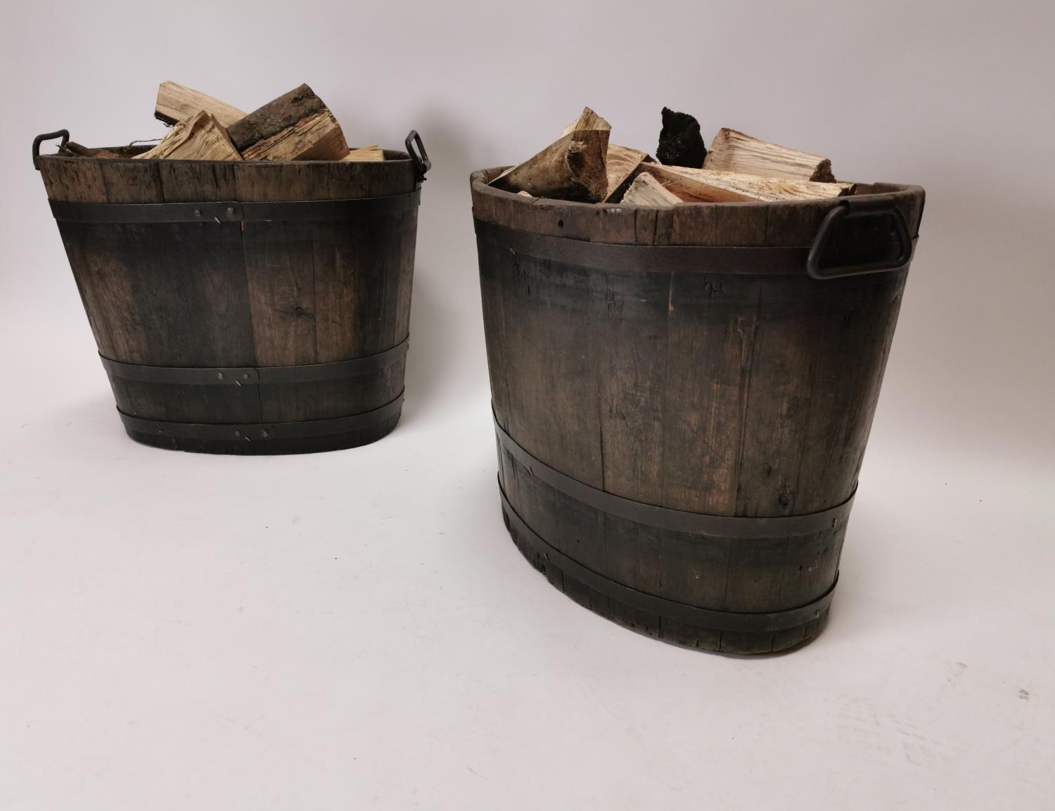 Pair of 19th C. oak metal bound log buckets {49 cm H x 62 cm W x 43 cm D}. - Image 3 of 4