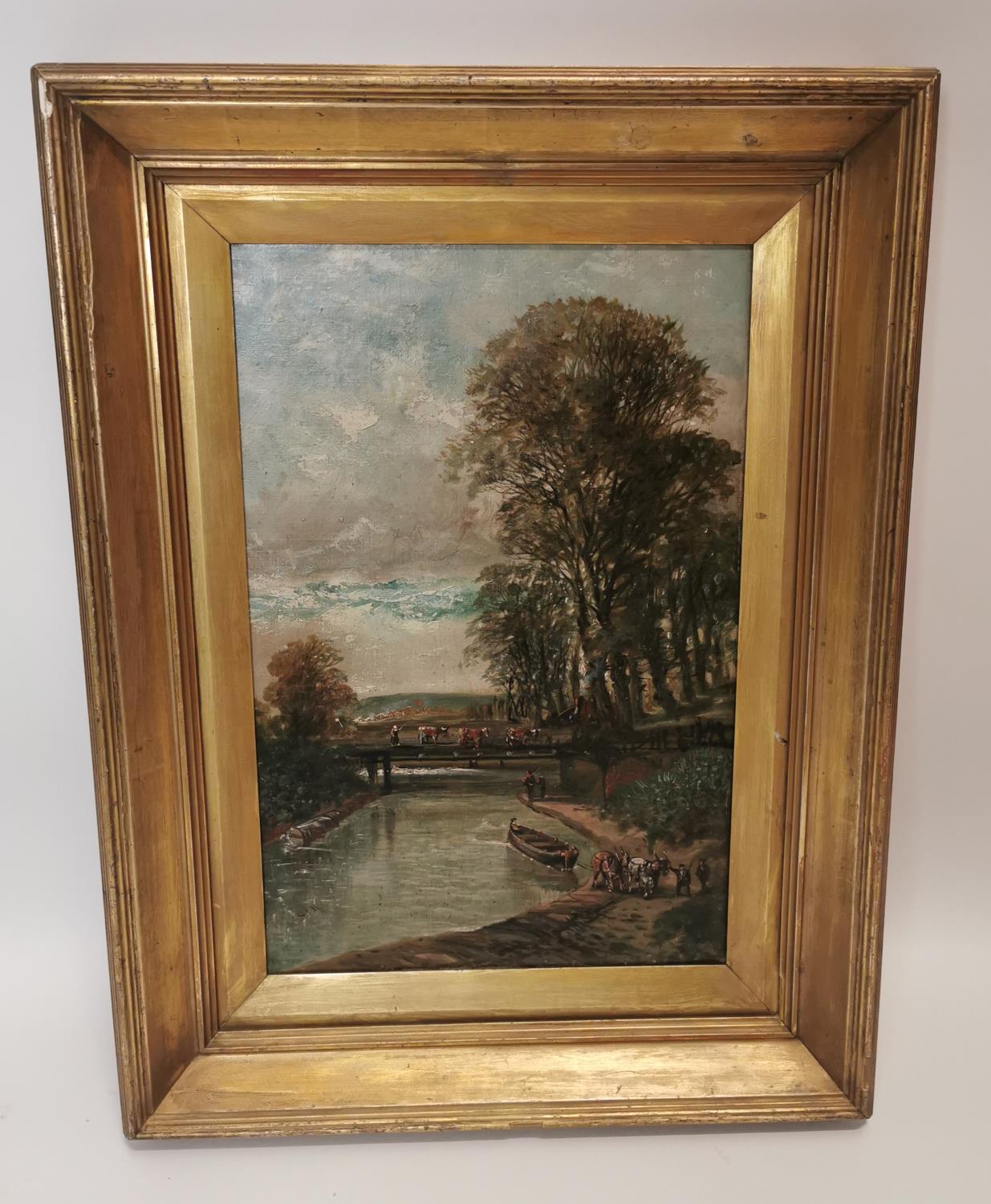 Gilt frame oil on canvas 'Afternoon on the Glasgow and Coatbridge Canal' scene.