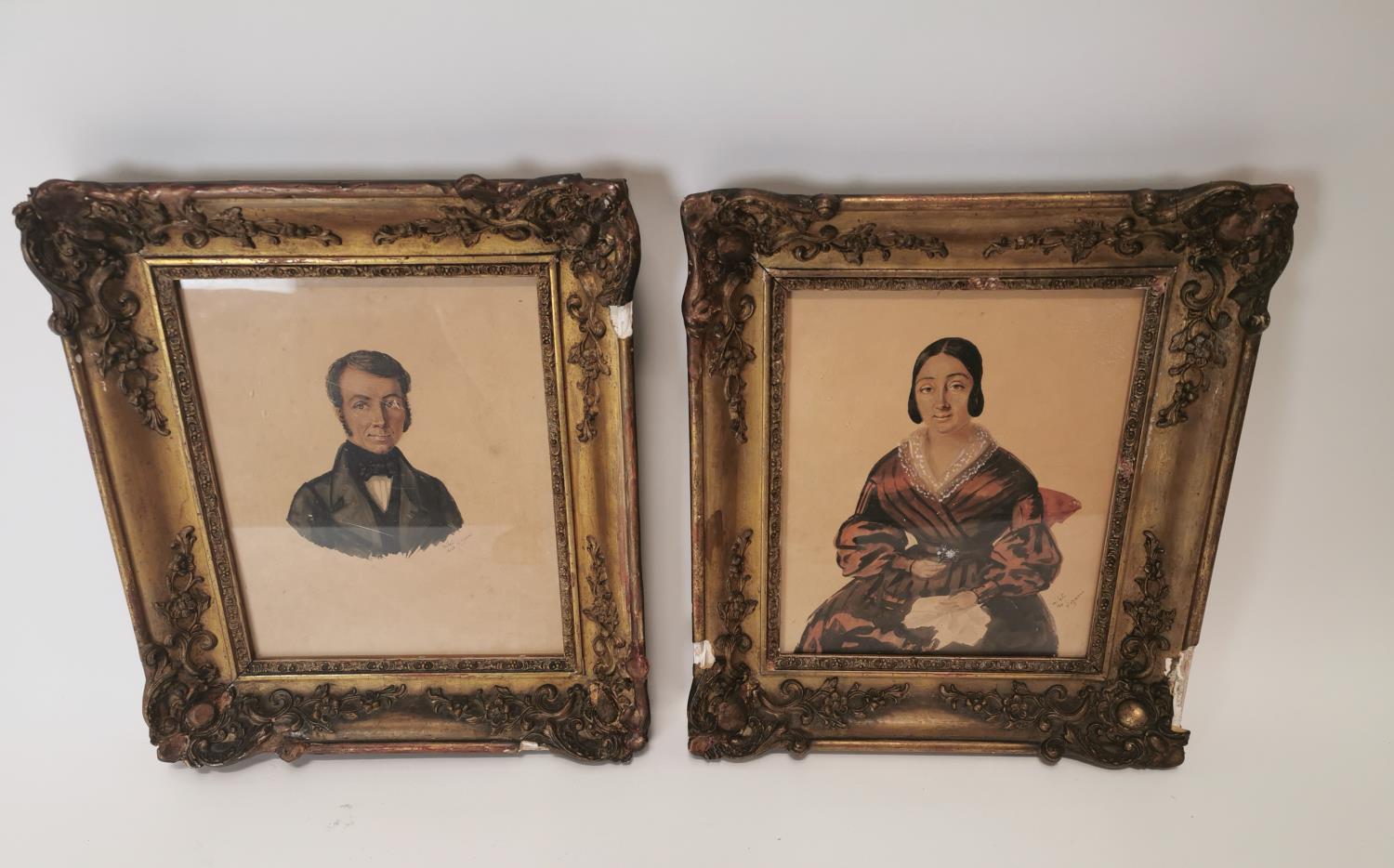 Pair of 19th C. watercolours in decorative giltwood frames of Husband and Wife.