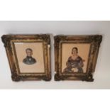 Pair of 19th C. watercolours in decorative giltwood frames of Husband and Wife.