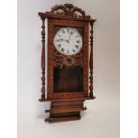 Late 19th C. inlaid mahogany wall mounted clock with painted dial {87 cm H x 40 cm W x 15 cm D}.