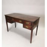 Good quality mahogany campaign style desk with inset leather top on square tapered legs {76 cm H x 1
