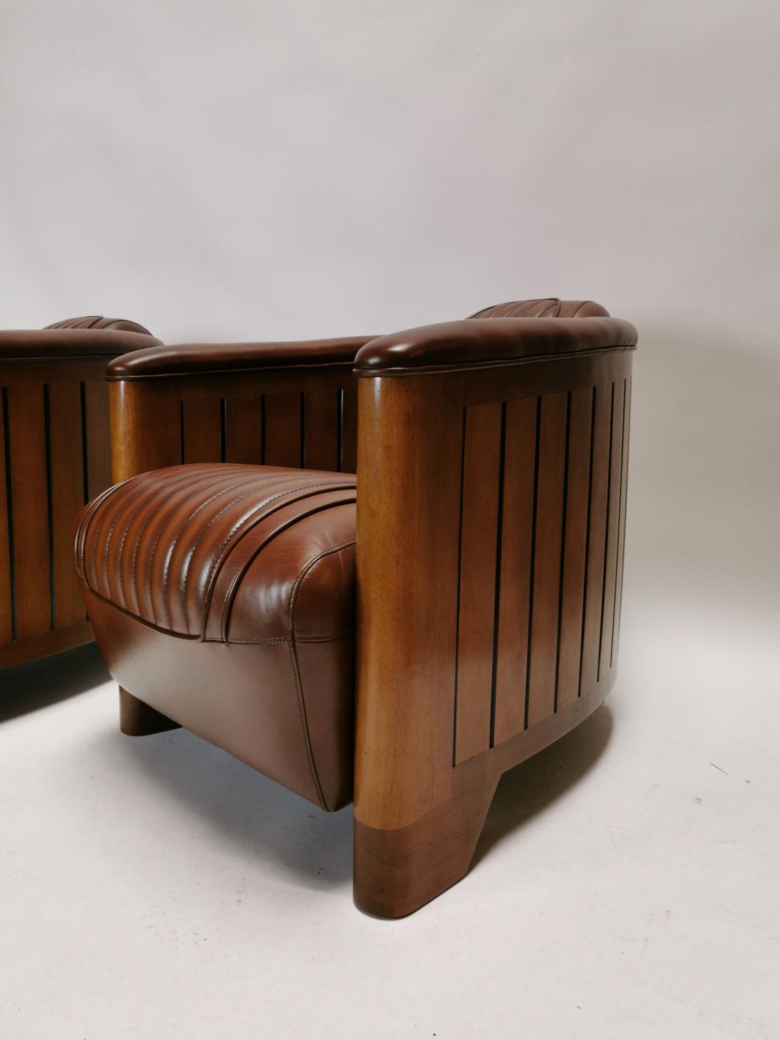Pair of exceptional quality Art Deco style leather upholstered and wood Aviator club chairs {72 cm H - Image 2 of 4