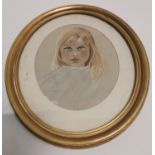 19th C. chalk drawing of girl in gilt frame .