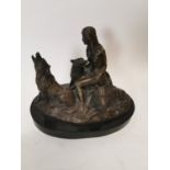 Cast bronze figure of a Lady and three wolves on marble base {25 cm H x 34 cm W x 24 cm D}.