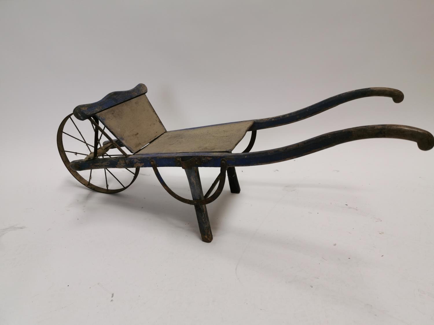 Early 20th C. painted pine child's turf barrow {36 cm H x 110 cm W x 40 cm D}.