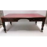 Good quality William IV mahogany tooled red leather partner's desk with three drawers and three dum