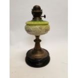 Good quality 19th C. brass oil lamp with green glass bowl decorated with grape vine {38 cm H}.